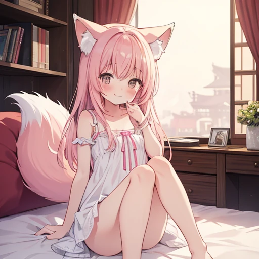 Highest quality, masterpiece, detailed, 1 person,,small,cute,blush,smile,White chemise dress, Pink Hair,Long Hair,Cat ear,(Fox tail),Sitting on a white futon, Cowgirl, From below, Cowboy Shot, (Japanese-style room), (darkness), Perfect Legs,barefoot