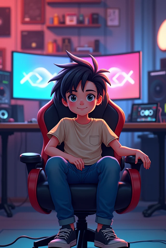 Boy anime sitting on chair background gaming studio 