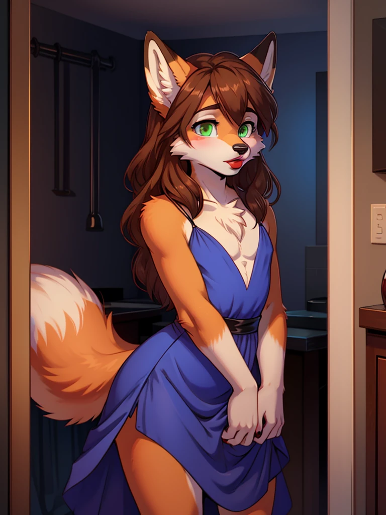 Best quality, furry male fox with green eyes, with brown long hair, with black spout, with red lipstick on lips, big lips, in a blue dress, crossdressing, bare chest, shy, he's waving his hand near his mouth, sexy pose, portrait, against the backdrop of a night street