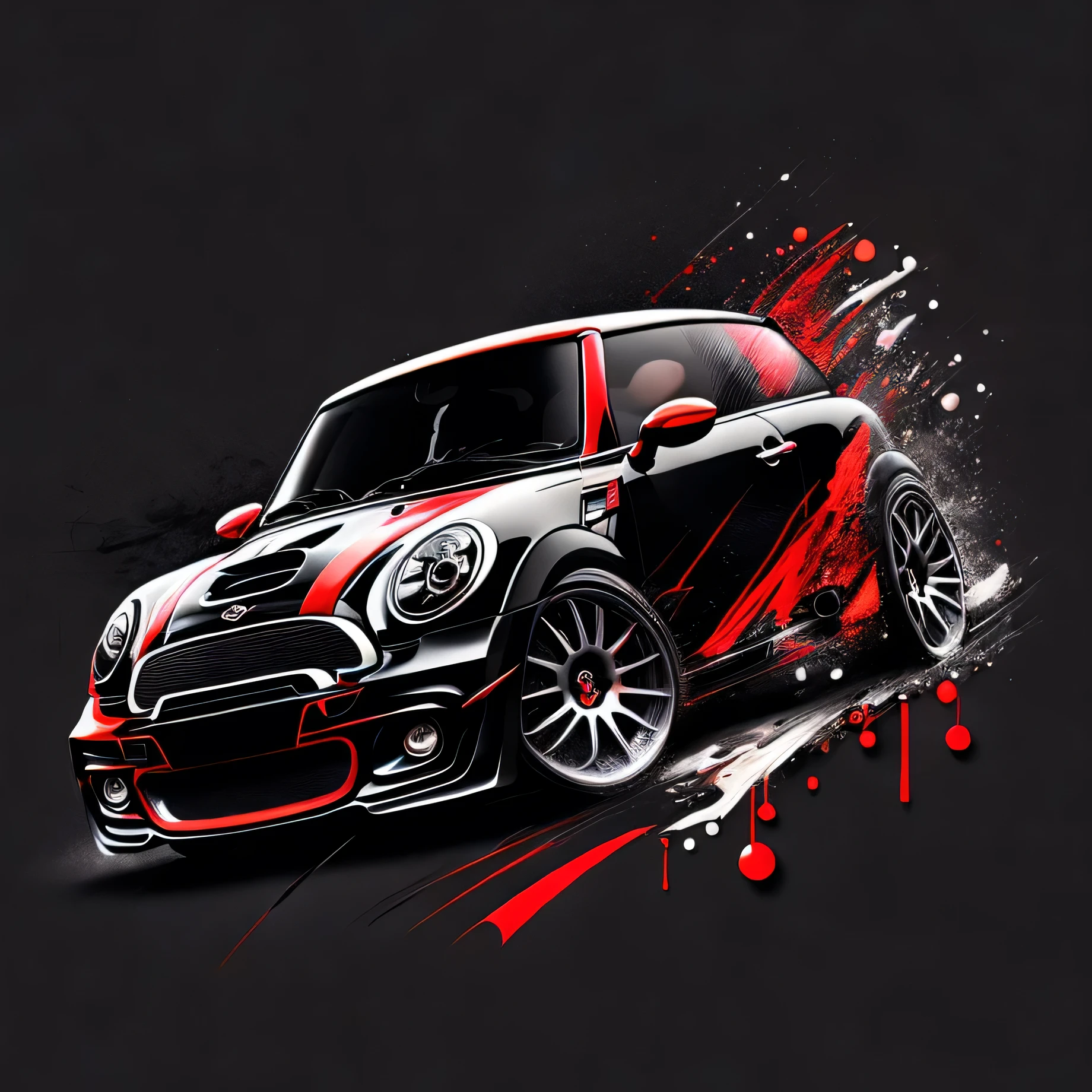 Artwork for t-shirt splash style graphic design a modern graphic design side view Mini Cooper S JCW R56 bright black and red