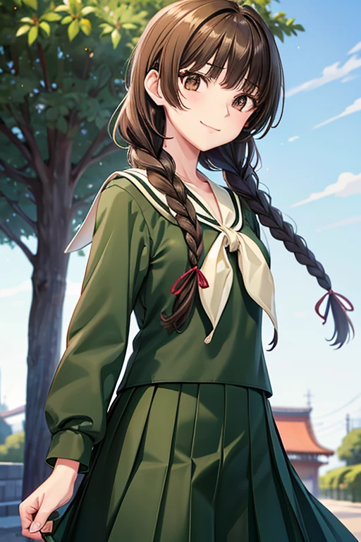 Yuno Shimazu、Shiny brown hair,Long Hair,  Hair that falls over the shoulders、(( Braid、Twin Blade:1.5,)),Beautiful brown eyes、Sparkling eyes, Fine grain、smile、Ultra-detailed eyes、Highly detailed face, Highly detailed eyes,Cowboy Shot、school uniform, Sailor collar, neckerchief, Green Shirt, Sailor shirt, Long sleeve, Green Skirt, Long skirt, 