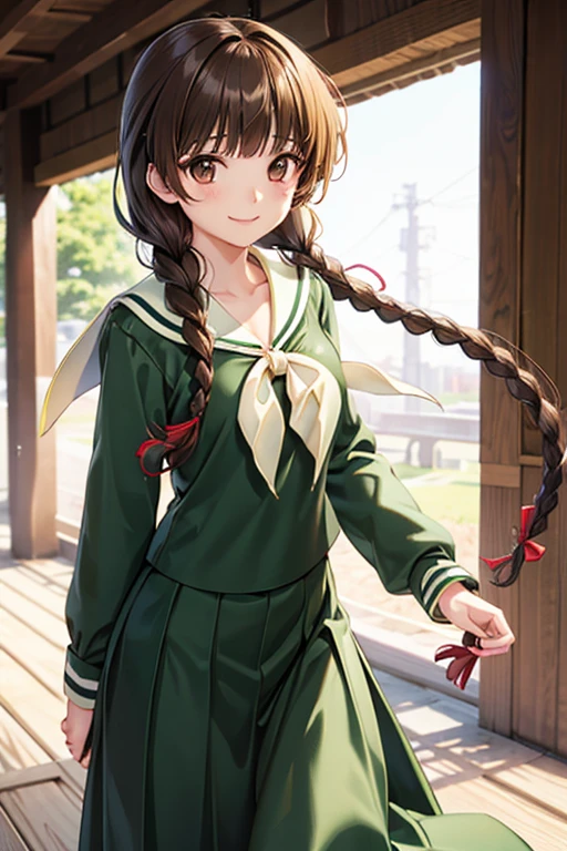 Yuno Shimazu、Shiny brown hair,Long Hair,  Hair that falls over the shoulders、(( Braid、Twin Blade:1.5,)),Beautiful brown eyes、Sparkling eyes, Fine grain、smile、Ultra-detailed eyes、Highly detailed face, Highly detailed eyes,Cowboy Shot、school uniform, Sailor collar, neckerchief, Green Shirt, Sailor shirt, Long sleeve, Green Skirt, Long skirt, 