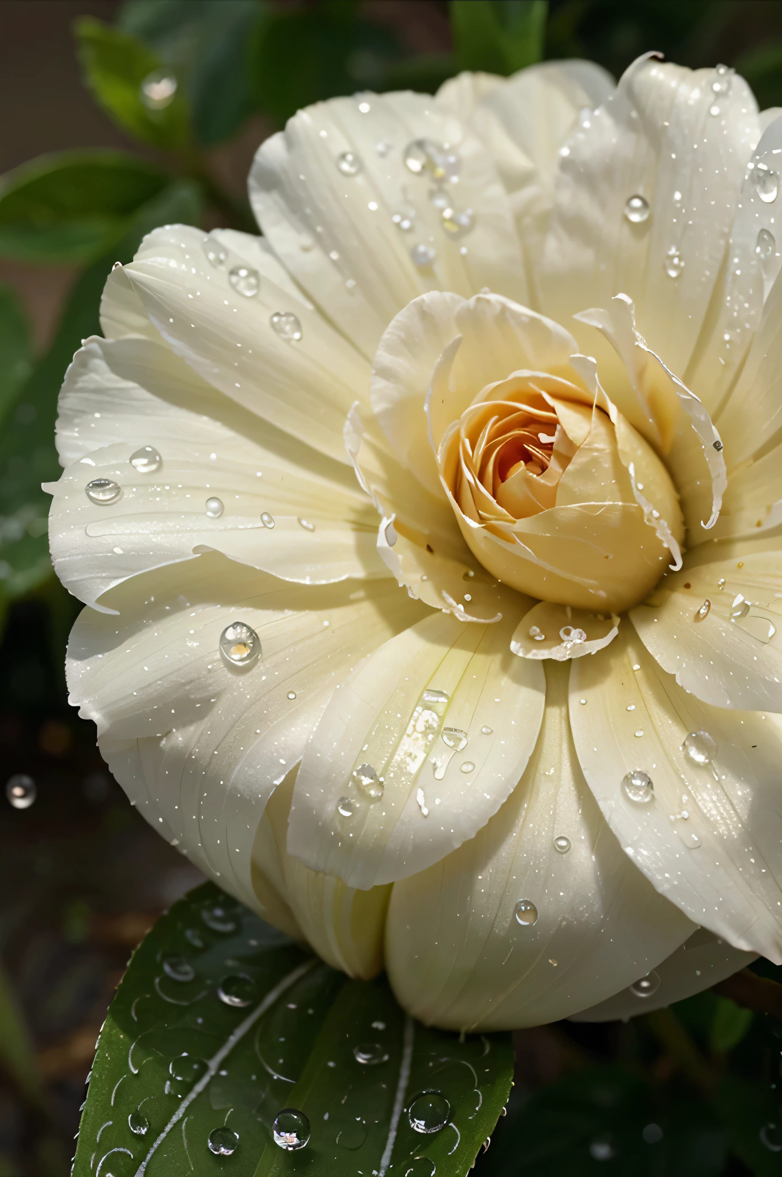 A close-up of a single flower with rain droplets clinging to its petals. The soft light and delicate raindrops emphasize the beauty and fragility of nature.