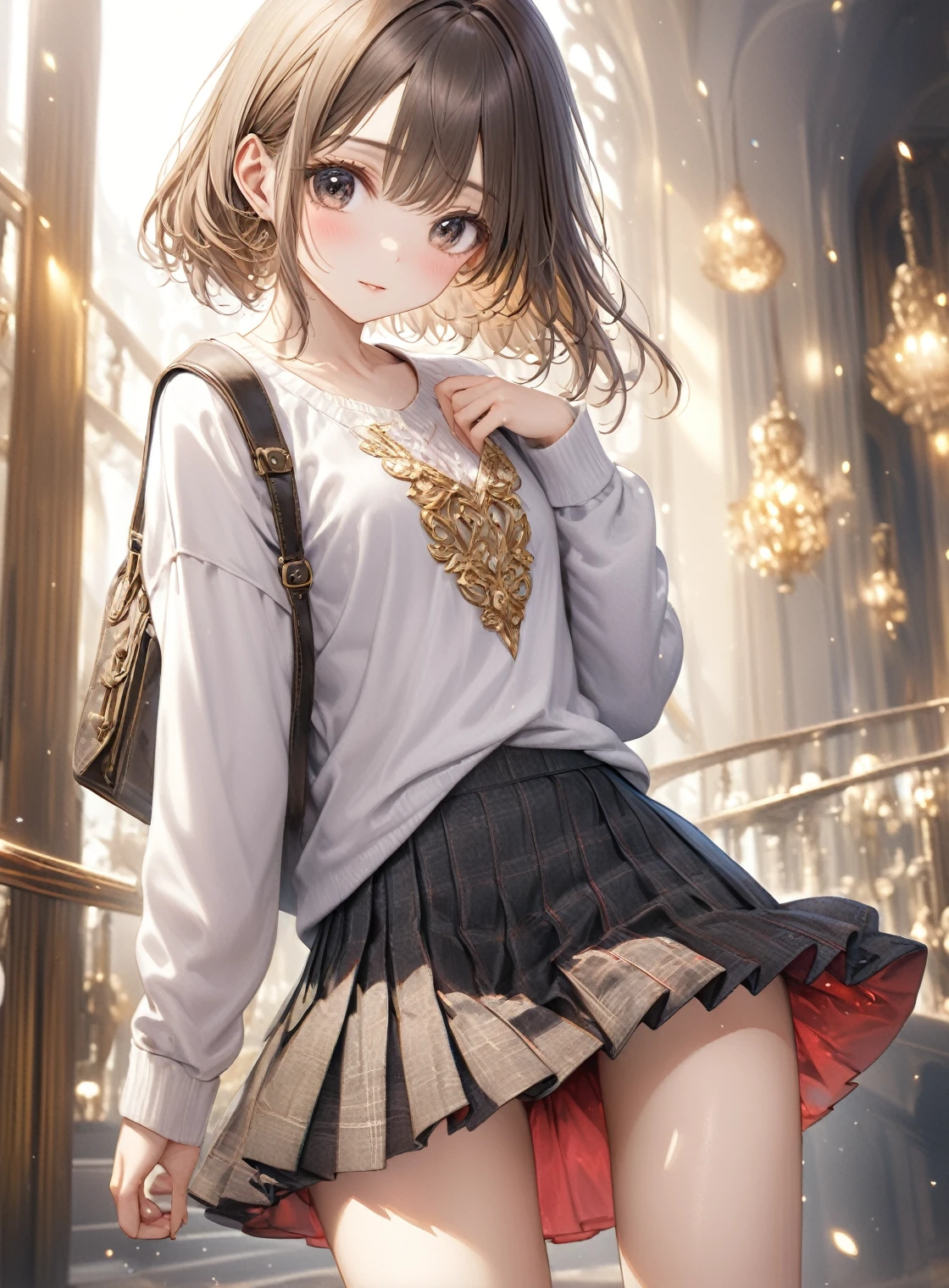 (mini skirt, Highest quality, 8k, 32K, masterpiece, 超High resolution,:1.2), Highest quality, High resolution, In detail, Very detailed and beautiful, Unique image, one person's,So cute ,A fantasy background like an electronic world on the balcony of a house, clear, Shining Eyes, 20-year-old woman, alone, Sharp face ,Fair skin, Woman with long brown hair, Iris, An innocent smile, Pierced ears sparkle, An elegant necklace adorns her slender neck., Rings and bracelets decorate the fingers. expensive_Big Breasts, Big Breasts 魔法使い,, Long Hair, Hanging out the laundry,Have a bra,Drying bra,背のexpensive(175cm), Slim yet toned figure, Short white hair down to the shoulders, Narrow waist, Long, slender legs, short hair,Upper body naked,Nipples are visible,Big Breasts,Large Breasts,looking out from the balcony