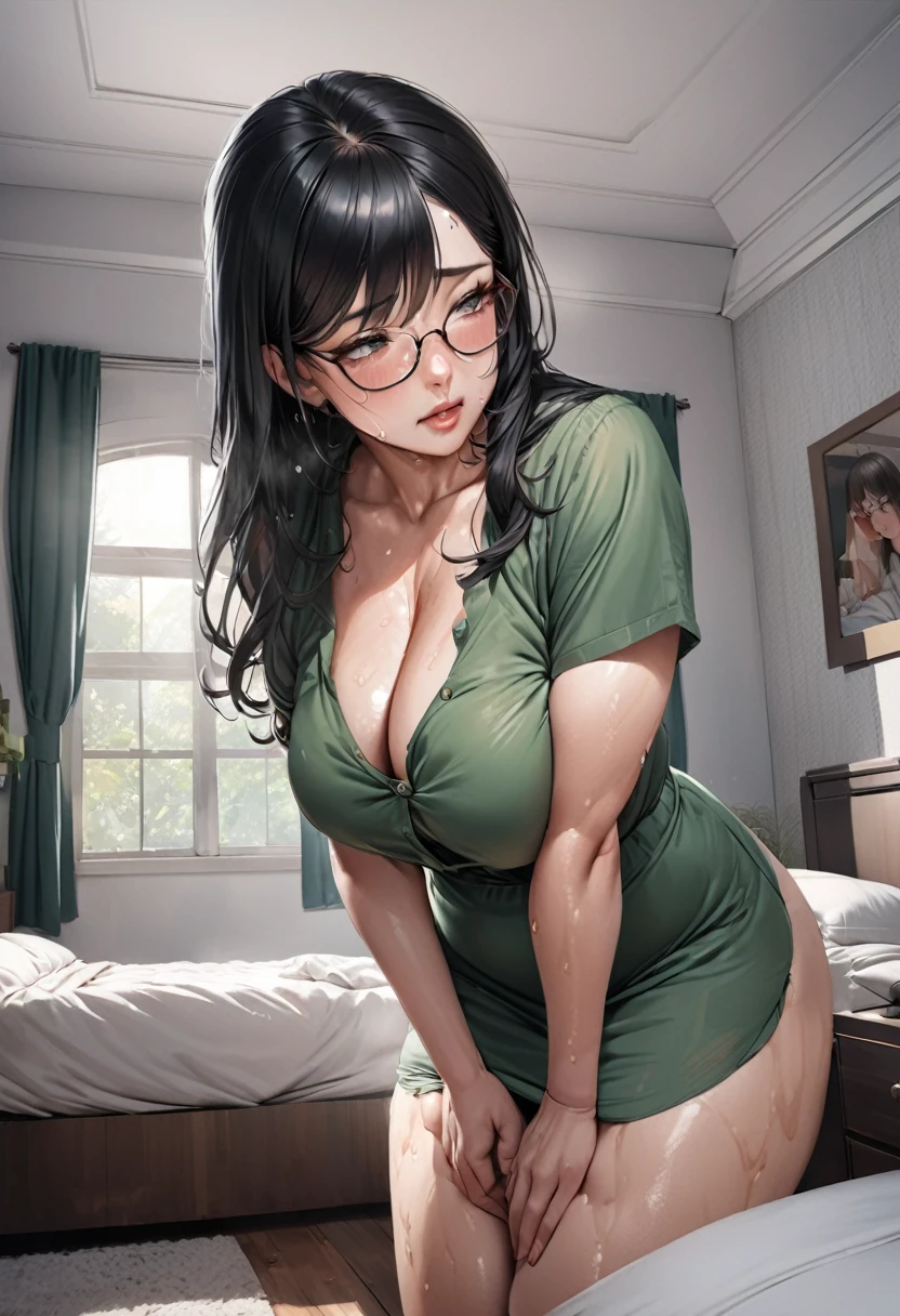 hyperrealistic, milf,tender face, glasses,curvy body,black hair,modest housewife,oval face,bed room,straight hair,sweaty,aroused,dark green blouse,
