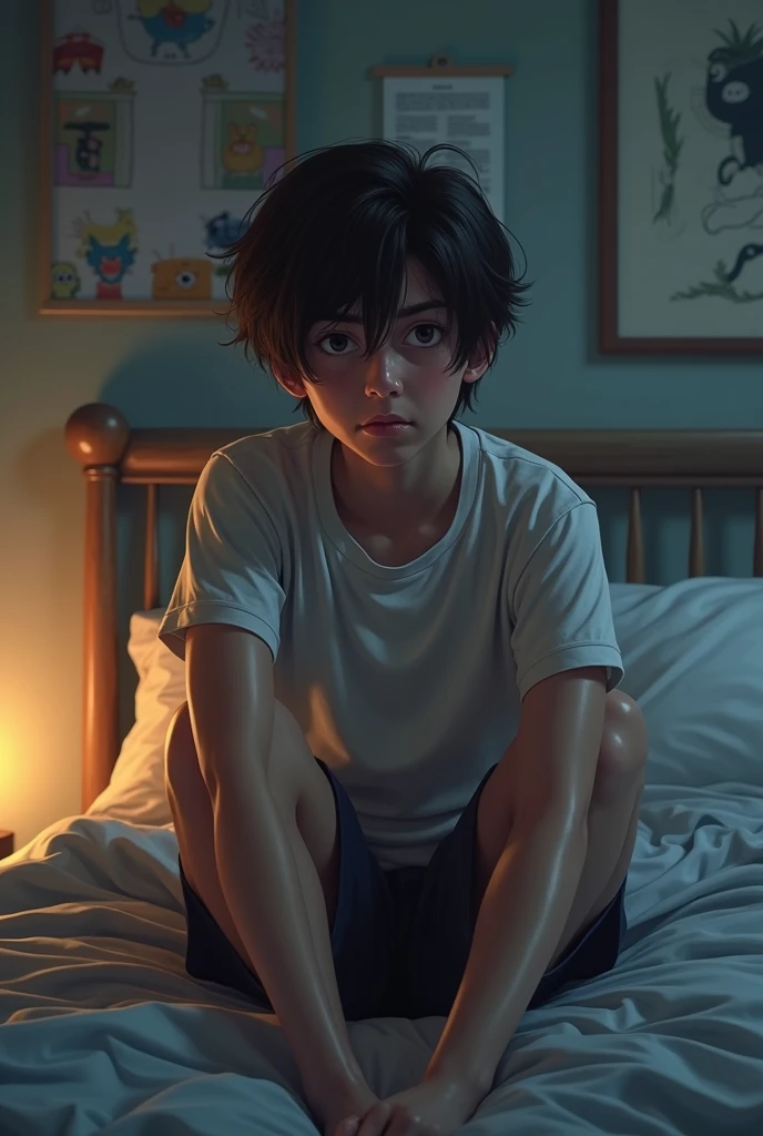 Anxious teenager sitting on a bed, realistic style