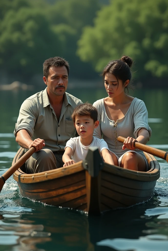 (photorealism:1.2), man and woman rowing a two sided boat they are facing the opposite direction and their son is in the middle looking worried