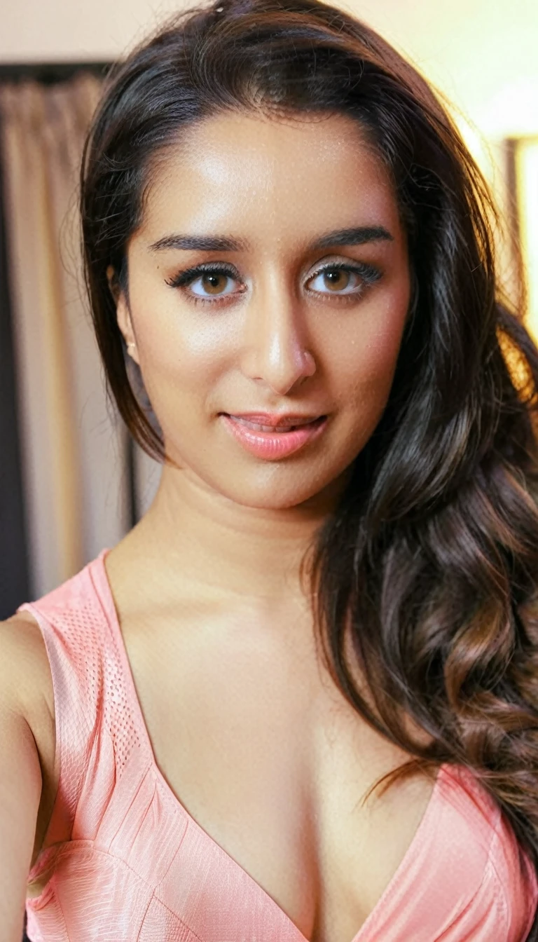 hires body close up photo of a woman,fleshy milf, Shraddha Kapoor, realistic skin texture, smiling sexily, looking looking at camera,semi naked,((marathi make up), long free flowing hair, ((sexy navel )and thigh, tall body, selfie point of view, nose ring, fleshy waist