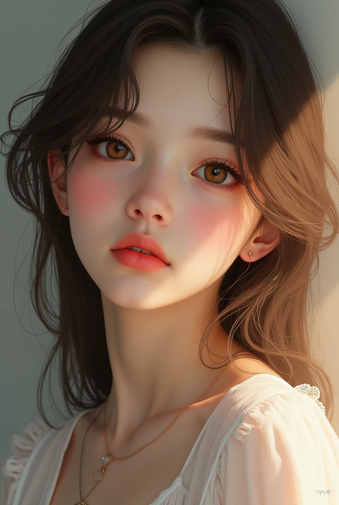 A beautiful girl with white skin, Brown hair, Brown eyes, pink cheeks