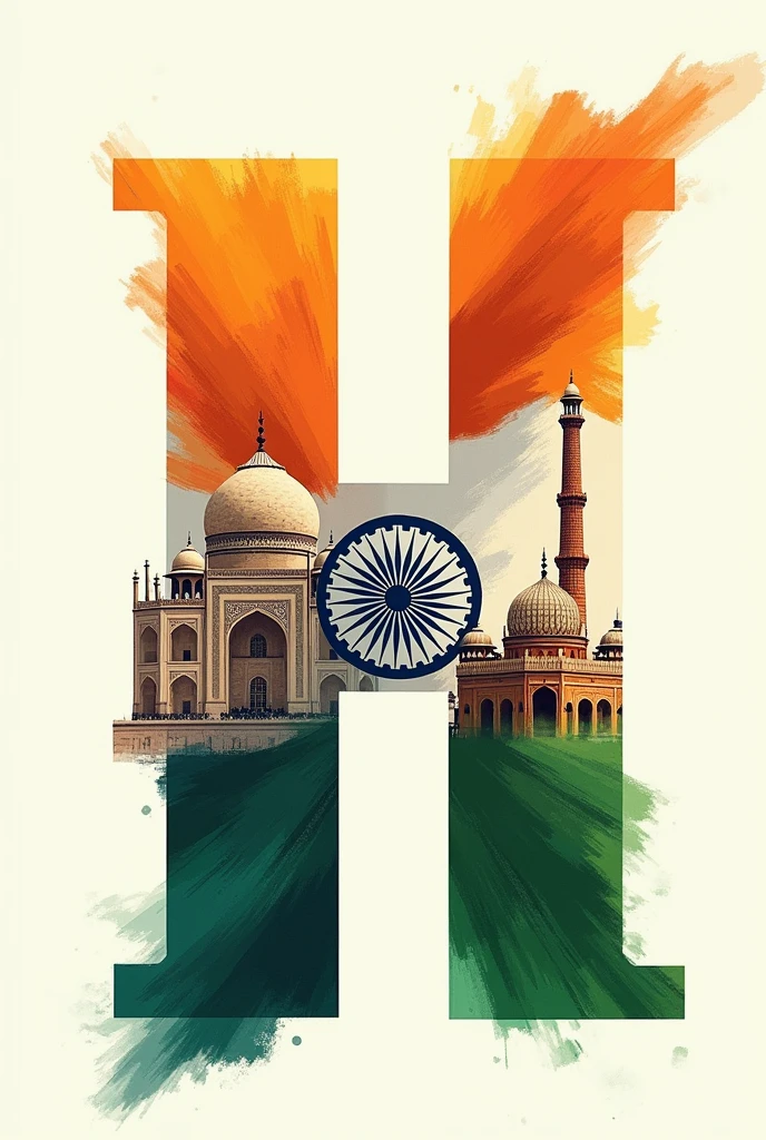 Create alphabet 'H' with Indian flag tricolor and all indian monuments in it