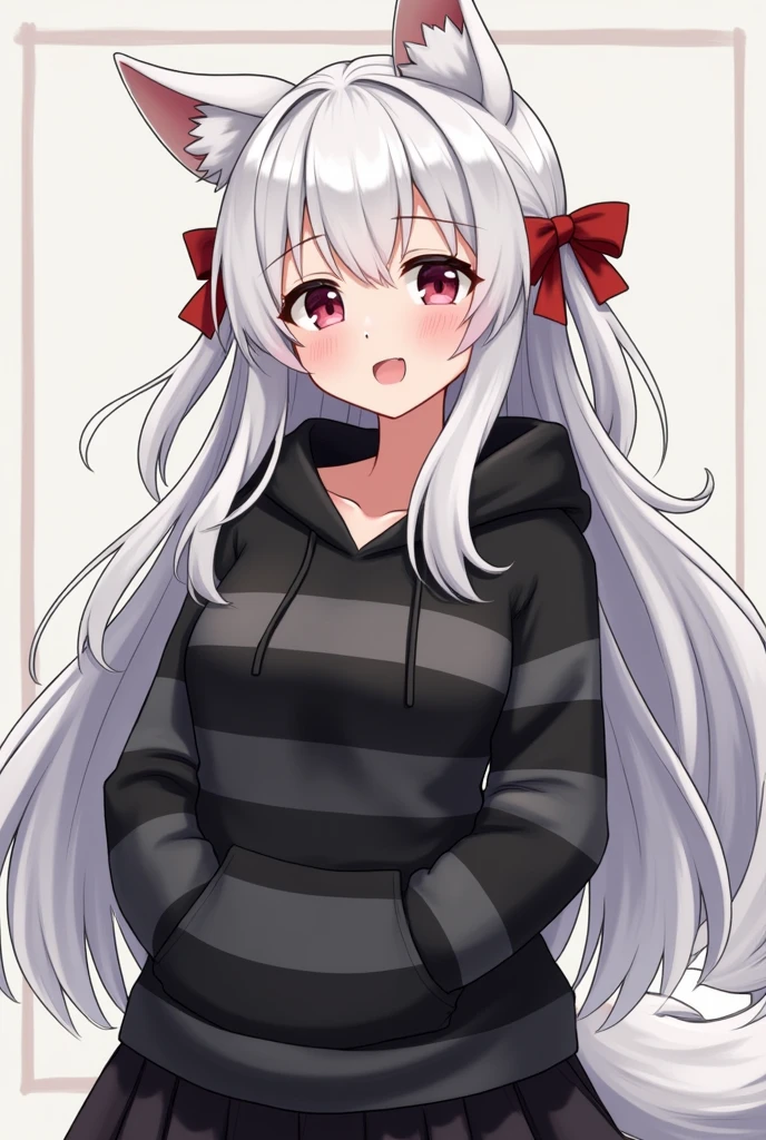 A waring black sweater with gray horizontal stripes with black hood, caro skirt and have white long hair with red bow in, have white kitsune ears get fucked the first time and sperm flowing out from her pussy