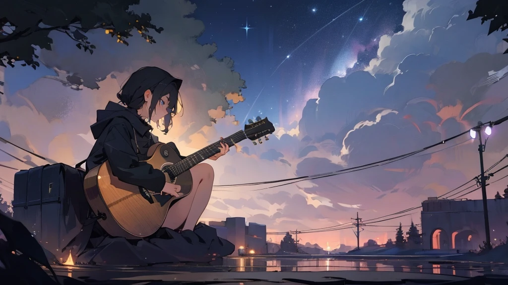 masterpiece,night,(dark alley),star、Night evening Sky、milky way、octone、
(1. Female), (solo), Knee hugging sitting，acousticguitar