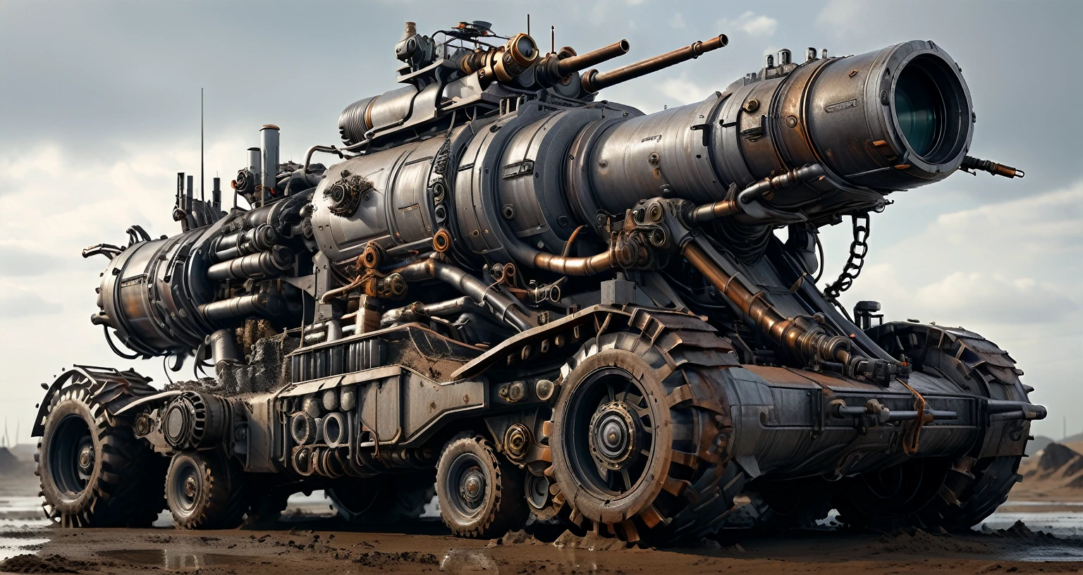 (style of Mazzinger Z),sci-fi,hyper realistic octane render,(background light:1),(moody lighting:0.4),a heavy huge large solid cannon on top of a smaller mechanized platform, mega highly detailed, highly detailed model, massive cannon, hyper detailed 3 d render, high detail render, hyper detailed 3d render, giant cannon, cinematic highly detailed, massive cannon mounted on vehicle, highly detailed render, heavy detailed, moving haphazardly on the ground for no reason,xryhd,ais-abandz,water accumulation on the bumpy road surface,reflection,fodder field,grey atmosphere,atmospheric haze,dirty of mud,dust everywhere,lots of details,far octopus is walking on the ground,foggy environment,(Extremely high-resolution details, photographic, realism pushed to extreme, fine texture,incredibly absurdres,absurdres,masterpiece,Extremely high-resolution details,realism pushed to extreme,fine texture),