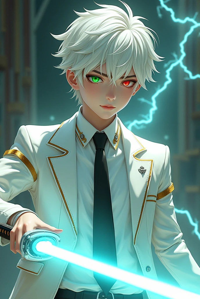 He has green eyes; which his sclera can turn red, though his pupils will stay green. He has a white shirt with a black tie. He also has a white suit with gold lines around the lapel and sleeves. He has futuristic headgear on. He has a sword handle that can activate a large electric blade made of plasma and electricity combined to make an intimidating appearance. 17 age, boy, white hair