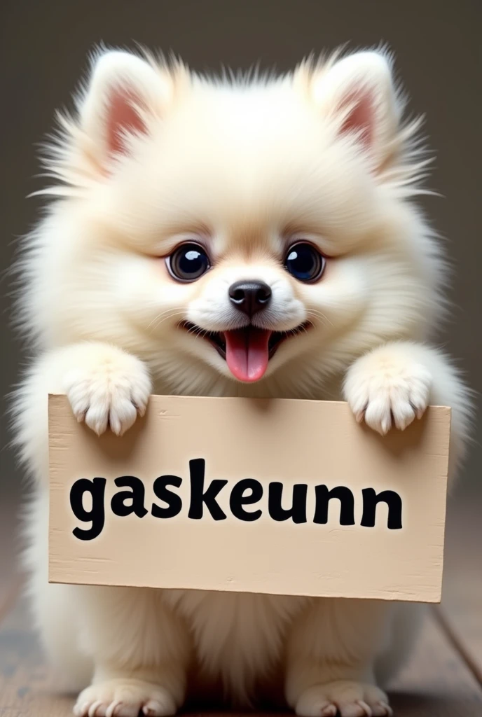 white pomerian dog hold sign gaskeunnn