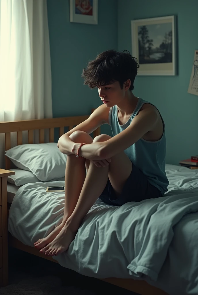 anxious ager sitting on bed realistic style size 3250px x 1350px
