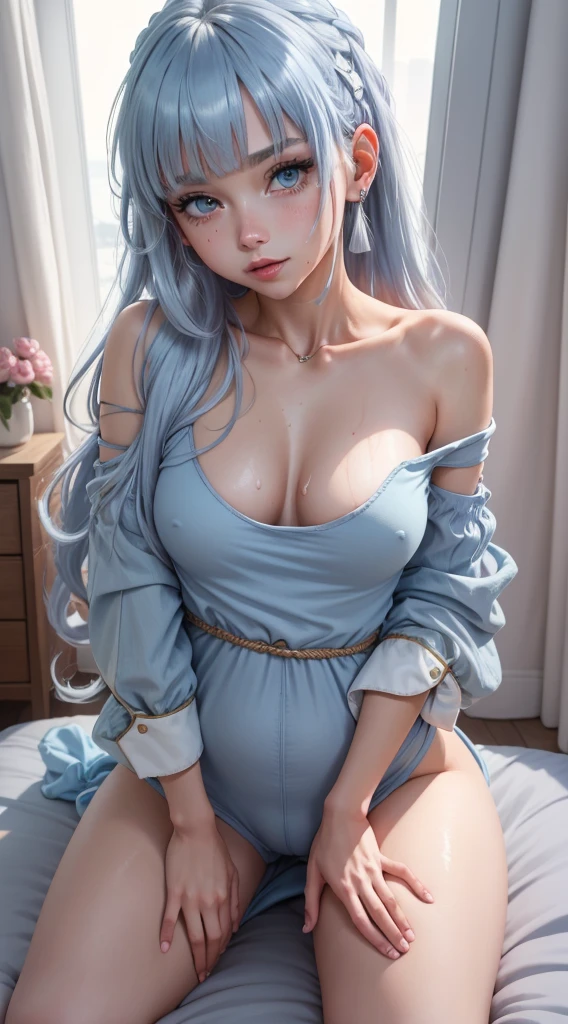 Character Details:, - Gender: 1 Girl.
- Style: Anime, - Body Type: Attractive body, slim body, nice legs, slim tights, nice arms, nice shoulders. - Breast: (Small Breast:1.2), (Cleavage:1.1), (Nice Nipple:1.1), White slime on body:1.6,.
- Facial Feature: Beautiful, Gorgeous, ager, Fresh, Young.
- Expression: Shy, Pink Blush on Face, Pink Tongue, Sexy Eyes, Sexy Look, (Sweating:1.4), Innocent Look, Tipsy. - Hairstyle: Blunt Bangs, Long Hair. - Hair Color: (Light Blue Hair:1.5), (Messy long Hair:1.3),
- Clothing: (Jumpsuit:1.4), (Off-Shoulder:1.3),. - Body Pose: (bend over:1.4), (Hands on Knee:1.4),. - Behaviour: Waiting, Want Something, Secretly.
- Accessories: Earrings, No Hair Accessories, Environmental Details:, - Setting: Bed Room., - Lighting: Natural Light., - Decoration: Modern Bed, Chair, Window, White Curtain, City View. Top view. pov, anime style, UHD, retina, masterpiece, accurate, anatomically correct, textured skin.