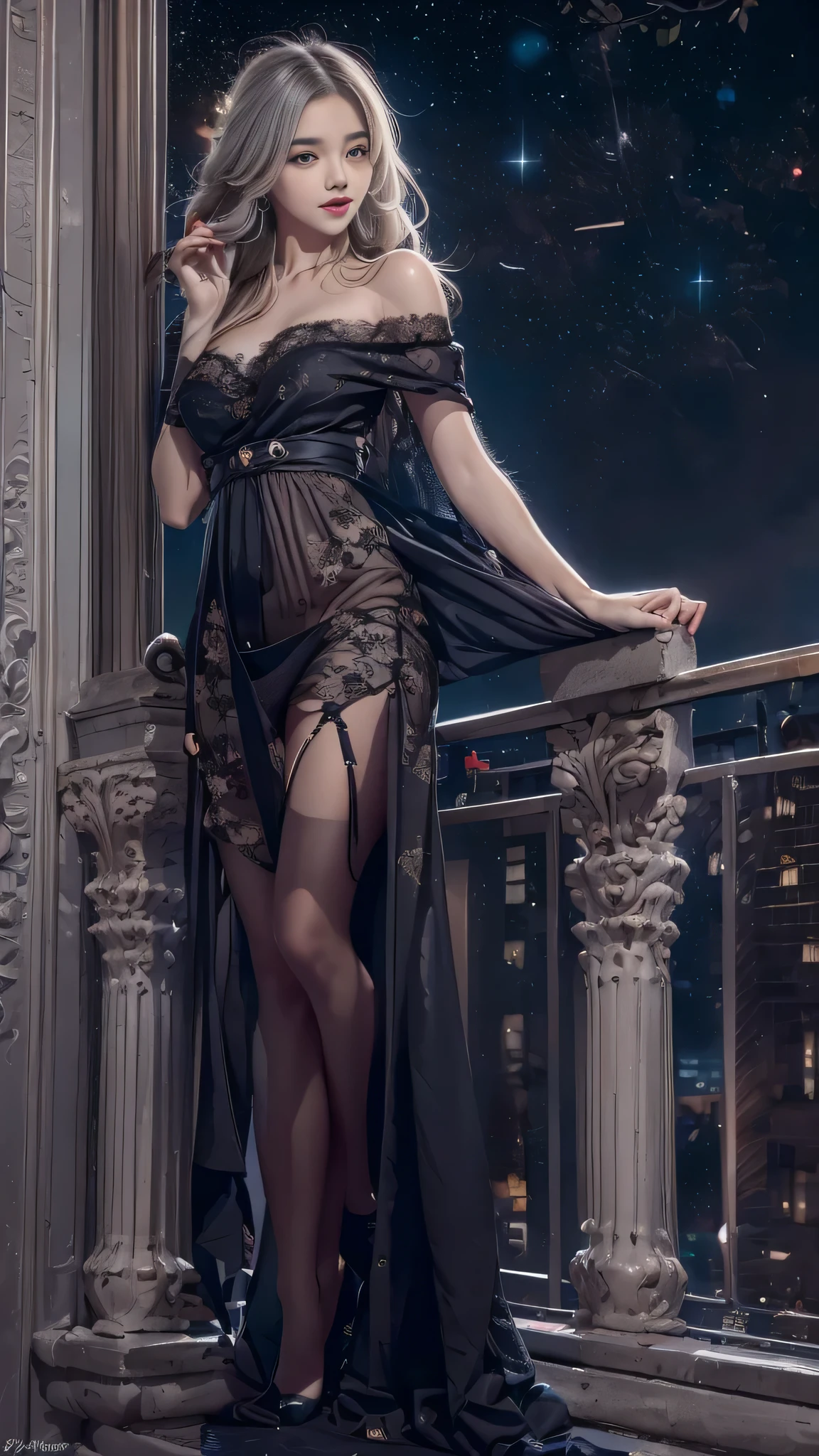 (Woman standing on balcony of palace)Portrait of, Realistic, High resolution, 1 female, alone, Beautiful Eyes, Close your lips, Detailed face, Gray Hair, Long Hair, (off shoulder black lace long dress) ,(There is a slit up to the waist.),Fur coat, stockings,(Star-filled night sky)、(Black lace panties are visible),