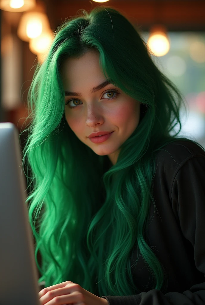 une fille aux longs cheveux vert, detailed eyes, nose, and lips, pas très jolie de visage, at timesquare, prenant la pose avec un starbuck, ordinateur HP (best quality,4K,8k,high resolution,head of'artwork:1.2),ultra-detailed,(realistic,photorealistic,photo-realistic:1.37),HDR,studio lighting,Highly detailed face and body, portrait,Cinematic lighting,Dramatic lighting,warm color tones,couleurs lumineuse