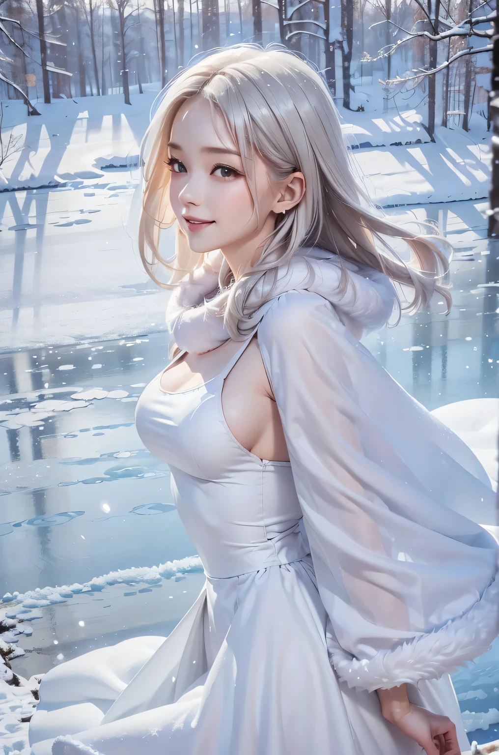 (the upper body:1.5).masterpiece、Highest quality、1 girl, winter, platinum blonde hair, Cute girl, smile, close mouse, medium breasts, sideboob:1.4, white dress, winter clothes, long skirt, Fur coat、Small waist、Thin legs、outdoors, front of the lake, snow falling, Prayer Pose, join hands, from side:1.5, side view, 