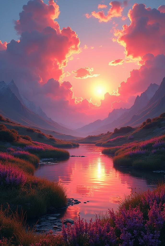 Beautiful sunset, The hillside is covered with flowers and grass, Flowers are close at hand, Colorful sky, Surreal colors, Colorful sunset, Colorful sky, Marvelous sky reflection, Stunning sky, dream like atmosphere 8k, Colorful clouds, Colors reflected on the lake, Surreal sky, Red and blue reflections, The reflection of fire, Beautiful sky, Beautiful and spectacular sunset, Beautiful dreamy scenery, Stunning sky