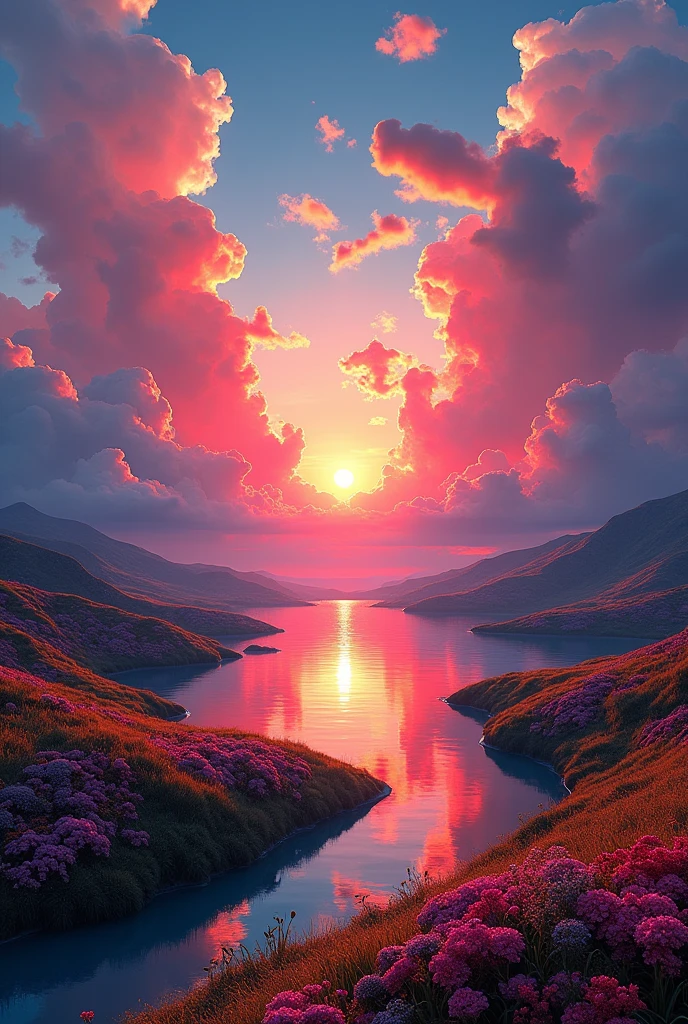 Beautiful sunset, The hillside is covered with flowers and grass, Flowers are close at hand, Colorful sky, Surreal colors, Colorful sunset, Colorful sky, Marvelous sky reflection, Stunning sky, dream like atmosphere 8k, Colorful clouds, Colors reflected on the lake, Surreal sky, Red and blue reflections, The reflection of fire, Beautiful sky, Beautiful and spectacular sunset, Beautiful dreamy scenery, Stunning sky