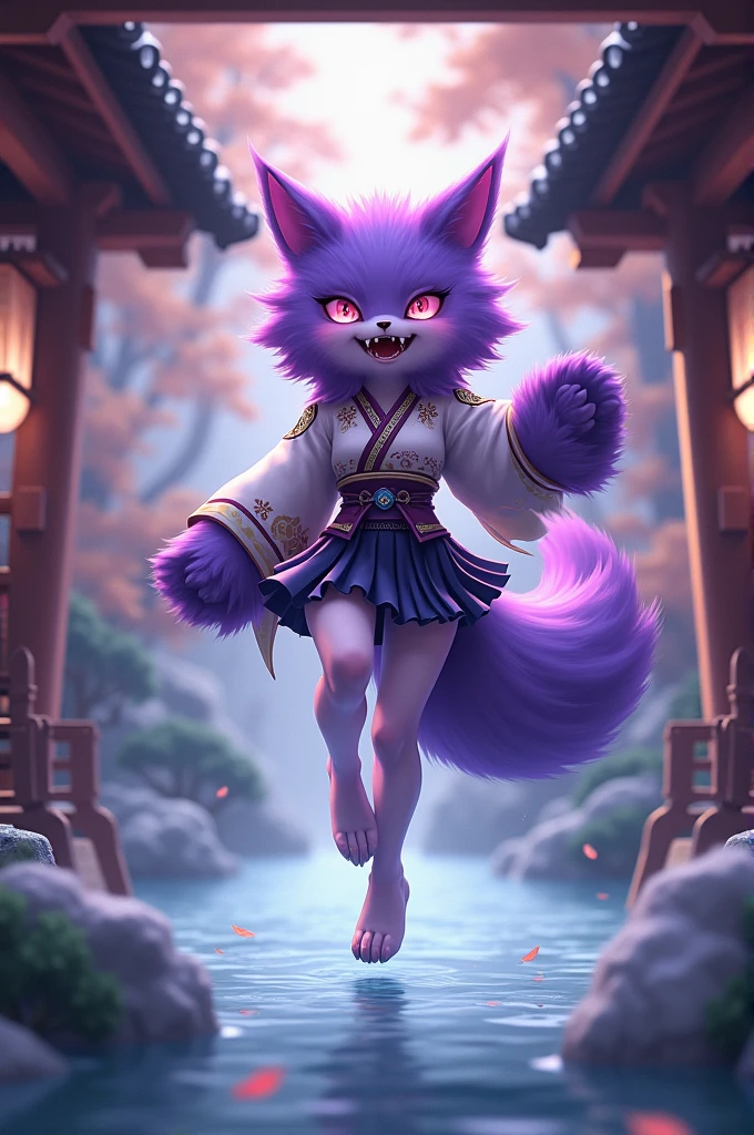Purple fox demon fox double tooth fluffy floating in the air platform shrine maiden outfit mini skirt cute