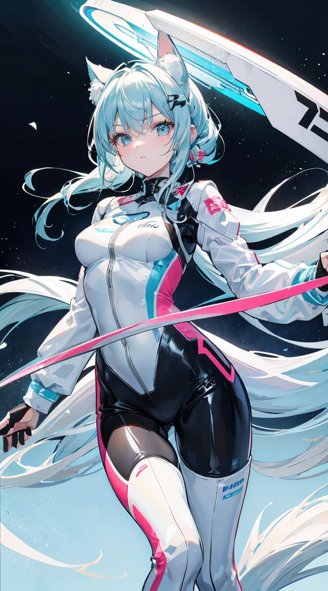White-haired girl long hair blue eyes white tight suit with orange and black highlights