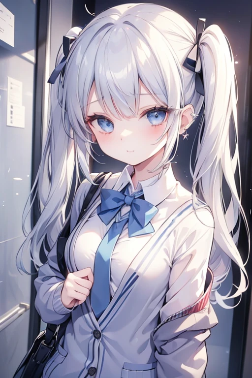 Silver-haired blue eyes、 girl、small breasts、twin tails、laughter、Nico Nico Smile、wearing a knit cardigan、wink、 girl、Looks about 15 years old、Petan Musume、girl、uniform、 girl、accessories、ear piercing、Cute Hairpins、hair ornaments、Gal-like、are at school、look of temptation、sexy、My tie is loose and my chest is showing a little
