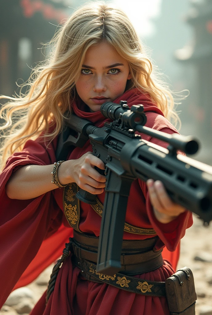 A blonde-haired girl with long hair, wearing a shrine maiden outfit and a red scarf, is aiming a tank-busting rifle with an angry expression.