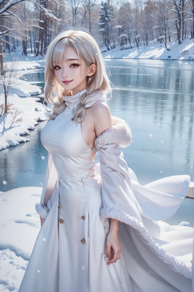 (the upper body:1.5).masterpiece、Highest quality、1 girl, winter, platinum blonde hair, Cute girl, smile, close mouse, medium breasts, sideboob:1.4, white dress, winter clothes, long skirt, Fur coat、Small waist、Thin legs、outdoors, front of the lake, snow falling, Prayer Pose, join hands, from backside:1.5