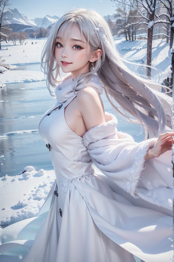 (the upper body:1.5).masterpiece、Highest quality、1 girl, winter, platinum blonde hair, Cute girl, smile, close mouse, medium breasts, sideboob:1.4, white dress, winter clothes, long skirt, Fur coat、Small waist、Thin legs、outdoors, front of the lake, snow falling, Prayer Pose, join hands, from backside:1.5