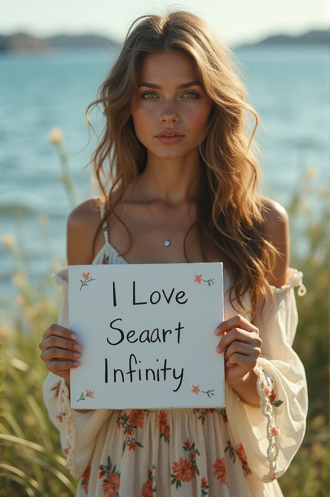 Beautiful girl with wavy long hair, bohemian dress, holding a white board with text "I Love Seaart Infinity" and showing it to the viewer