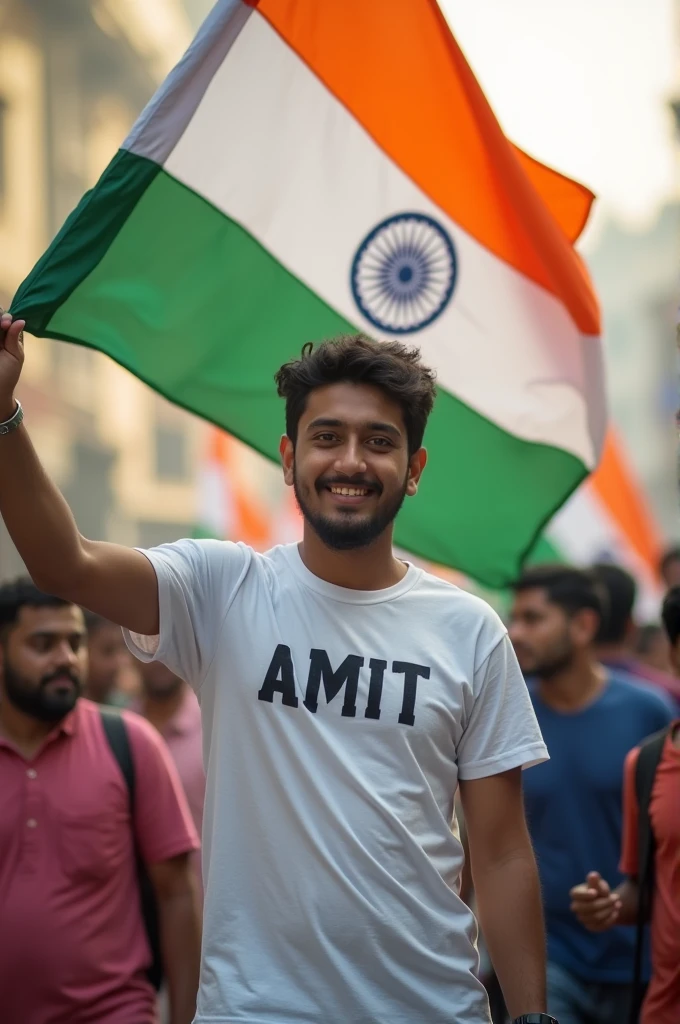 A 27 year old boy with indian flag in his hand and wearing AMIT name tshirt celebrating 15 August 