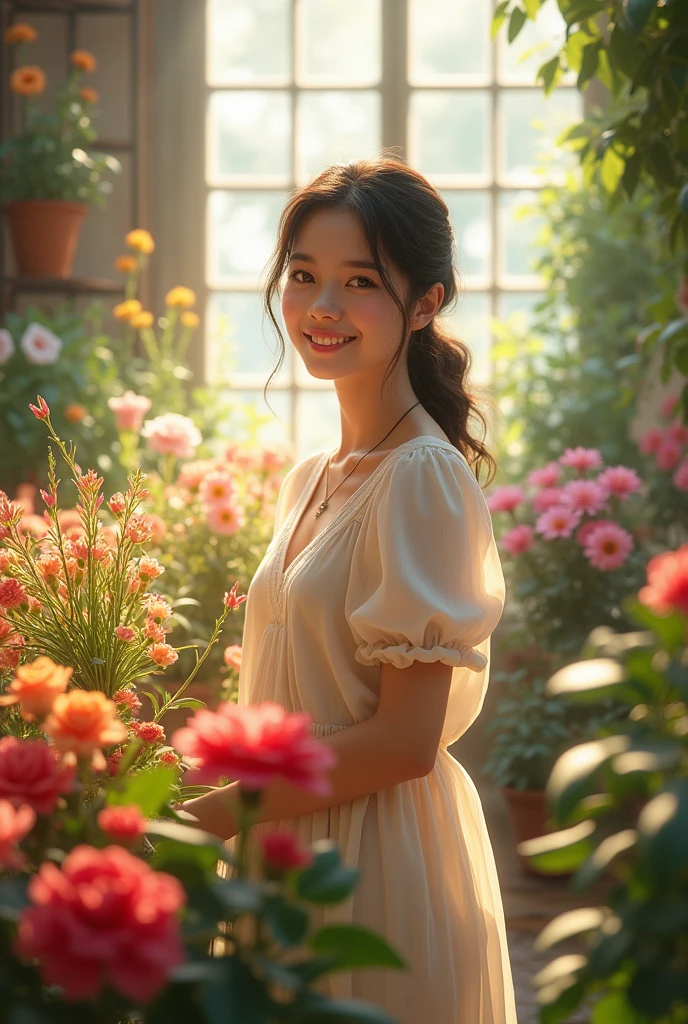 A young woman in light and airy clothes, the delicate smile in her flower shop 