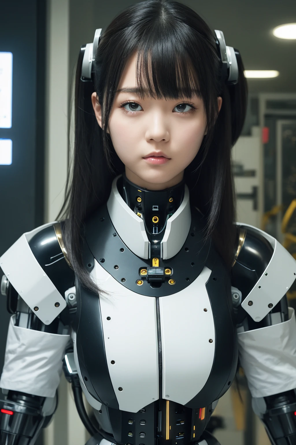 masterpiece, best quality, extremely detailed, Japaese android girl,portrait,Plump,a bit chubby,control panels,android,Droid,Mechanical Hand, Robot arms and legs, Black hair,Blunt bangs,perfect robot girl,long tube,thick cable connected her neck,android,robot,humanoid,cyborg,japanese cyborg girl ,robot-embly plant,She is assling now,assembscene,rolling eyes,chest monitor