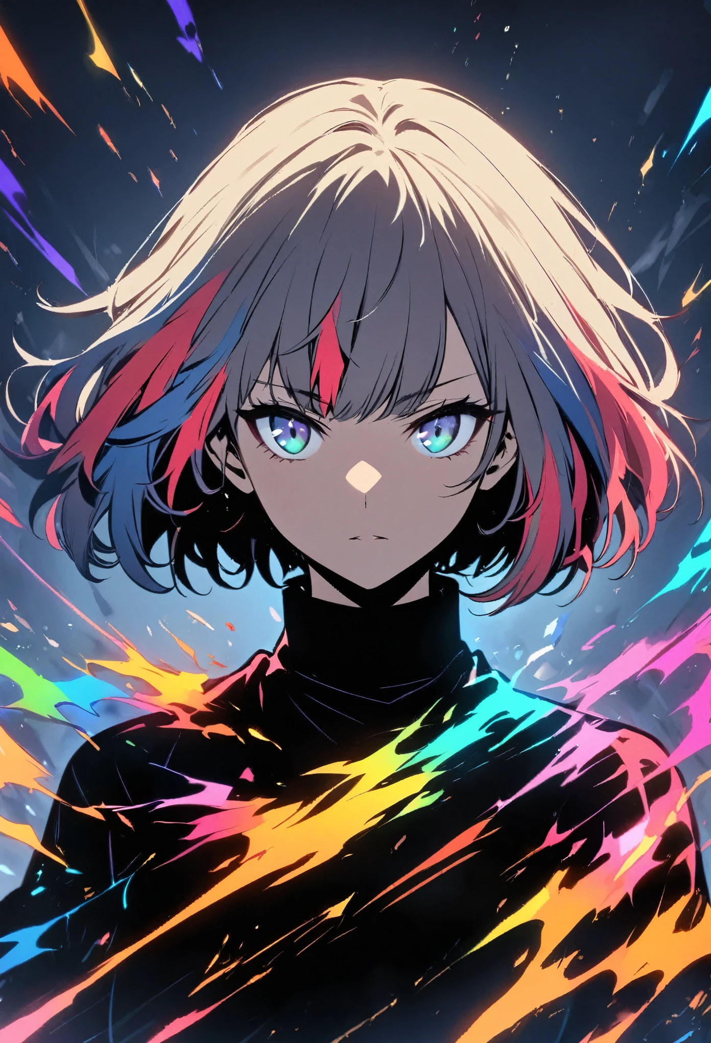  Solitary, woman, Bob Hairstyle, Colorful hair, Powerful gaze, Black Turtleneck Sweater, Upper Body, front