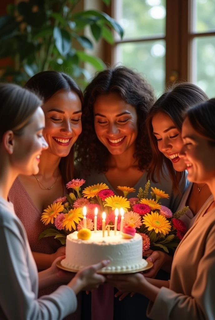 Create happy women celebrate her father birthday with fresh flowers bouquet with cake.