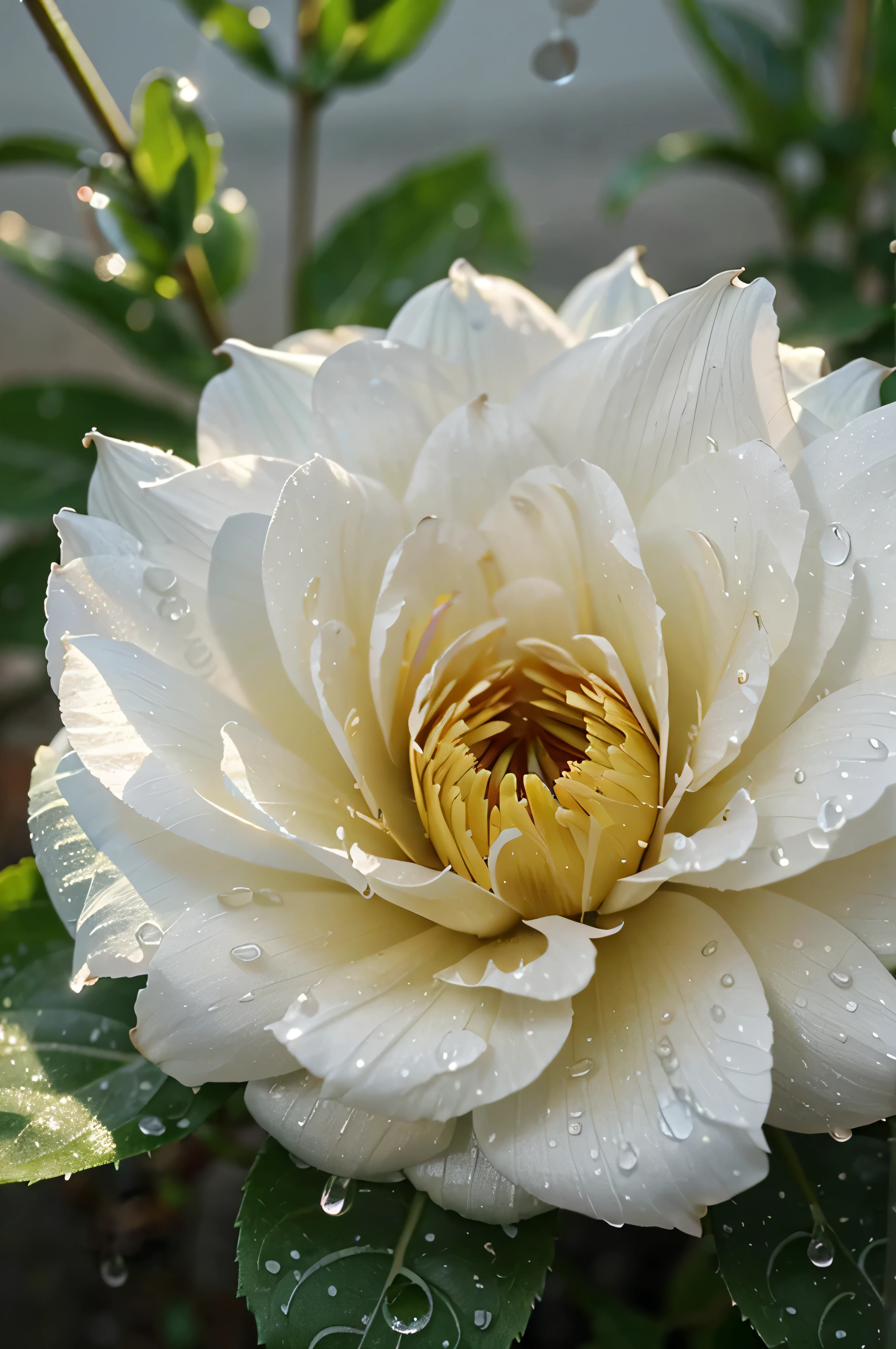 A close-up of a single flower with rain droplets clinging to its petals. The soft light and delicate raindrops emphasize the beauty and fragility of nature.