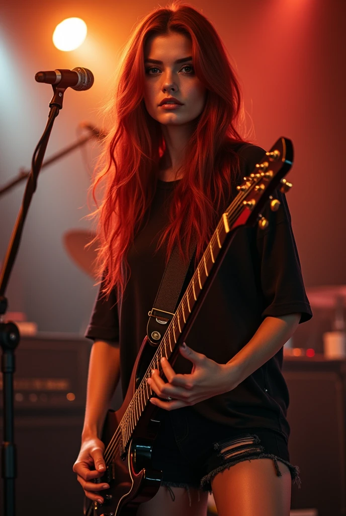 ultra realistic, photography, long red hair, girl, 24 years old, hourglass figure, perfect body, Flirty look, beautiful detailed woman, intricate and detailed face, long lush hair, soft lighting, photorealistic, high quality, cinematic, dramatic, warm color tones, natural breasts, facing the camera, blur background, on stage, rockband, playing electric guitar, ripped shorts and tights, oversized t-shirt