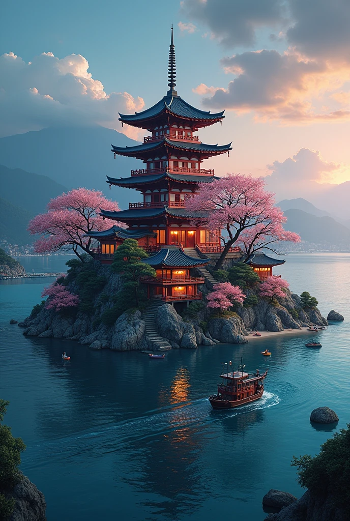 pagoda epic scale surrounded by shops asian chinese Japanese style in the ocean island surrounded by small ports with merchant boats, island with cherry blossom, night time, festive  aerial shot many boats island surrounded by ports, island central point 