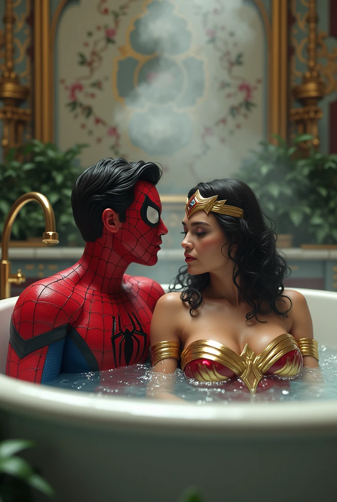 Spiderman and wonder woman taking bath together