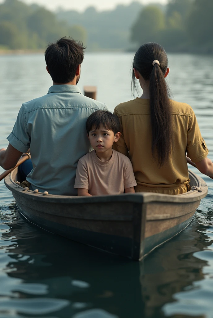 (photorealism:1.2), man and woman rowing a boat the man is in front the women is in back they are facing the opposite direction and their son is in the middle looking worried