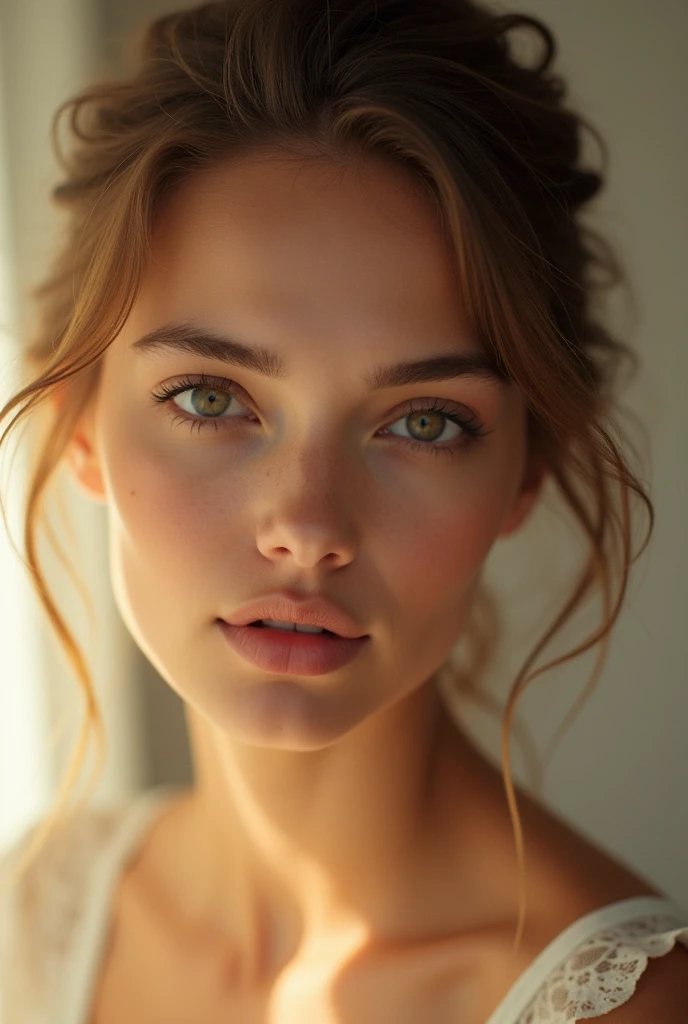 Fashion model 25 years old, [[[[close up]]]], [[[[Chest]]]], [[[[neck]]]], [[[[Shoulder]]]], Perfect eyes, Perfect Iris, Perfect lips, Perfect Teeth, Perfect skin, Soft headlight, glow, HDR, (Soft colors:1.2)