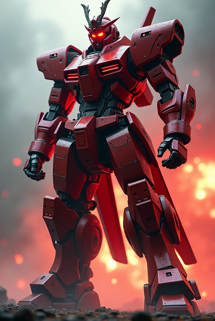 a massive red super giant robot, hulking muscular body, Pacific rim robot. Iron man.cyborg. samurai armor, detailed mechanical features, intricate samurai helmet, glowing red eyes, futuristic samurai sword, dynamic action pose, epic cinematic lighting, dramatic shadows, rich saturated colors, highly detailed 8k render, cinematic composition, concept art style a highly detailed, red samurai gundam mech, glowing ruby eyes, intricate futuristic armor, katana sword, flowing samurai robes, dynamic pose, cinematic lighting, photorealistic, 8k, (best quality,4k,8k,highres,masterpiece:1.2),ultra-detailed,(realistic,photorealistic,photo-realistic:1.37),concept art, hyper detailed, sharp focus, 3d render