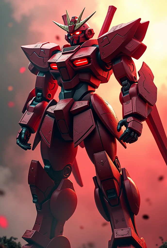 a massive red super giant robot, hulking muscular body, Pacific rim robot. Iron man.cyborg. samurai armor, detailed mechanical features, intricate samurai helmet, glowing red eyes, futuristic samurai sword, dynamic action pose, epic cinematic lighting, dramatic shadows, rich saturated colors, highly detailed 8k render, cinematic composition, concept art style a highly detailed, red samurai gundam mech, glowing ruby eyes, intricate futuristic armor, katana sword, flowing samurai robes, dynamic pose, cinematic lighting, photorealistic, 8k, (best quality,4k,8k,highres,masterpiece:1.2),ultra-detailed,(realistic,photorealistic,photo-realistic:1.37),concept art, hyper detailed, sharp focus, 3d render