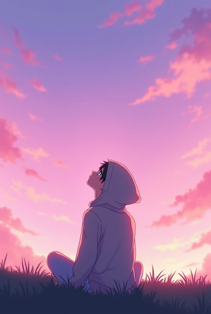 The sky is a gradient from pink to purple。Blurred clouds。grass。Sitting in a hoodie, looking up at the sky。Anime Style