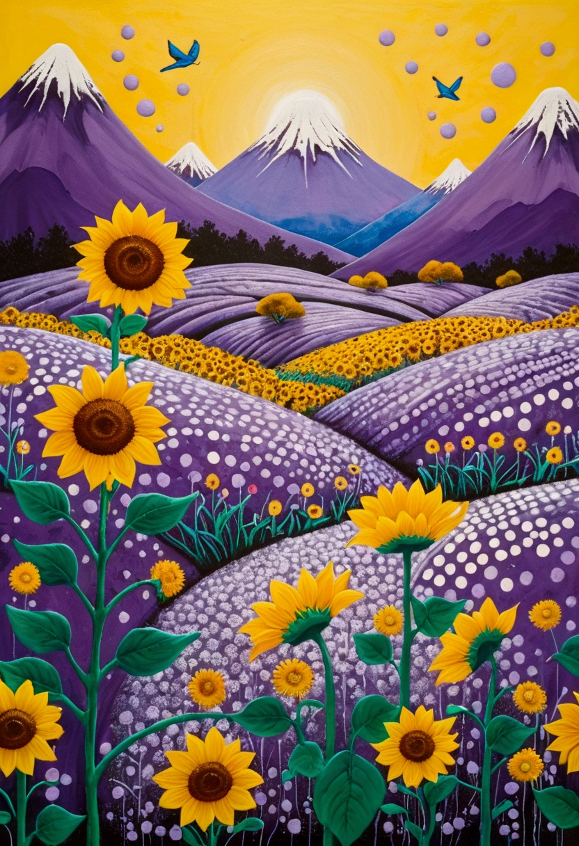 A painting,Inspired by Yayoi Kusama:(((Chalk painting,Oil stick painting,Volume,Thick coating,Uneven texture,Plaster texture,Graffiti,Dot)))。(Fence,sunflower,cute的小鸟), Bright colors, Purple和, cute的, Bright colors,cute, Lavender Color and Color Schemes, 和Purple的配色方案, Beautiful Art, Purple, Whimsical Art, 和Purple色调, Close together,, spring, Inspired by Tomokazu Matsuyama, Delightful