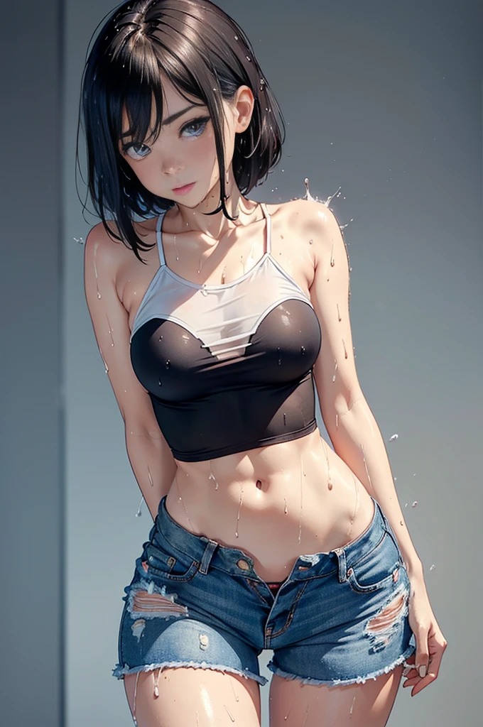 ((masterpiece)), (Professional photography:1.2), (HD:1.3), Portrait Photography, best quality, 8k, From the front, (Simple black T-shirt), Cute 20 year old girl, Super cute face, Light brown medium length hair, (flat ), Pale skin, blush, Smile, Standing on White background,  (shorts),Cute girl . so cute , Round Face . Solitary , Slim ,  , Short stature . Glowing skin . Pure white Tube Top T-shirt . shorts . Dynamic poses . Dynamic Angle . No background , White background , Looking at the audience,(((Clothes are wet)))liquid in 、Fluid on the thighs、Flowing liquid(attractive :1.2),、、Disheveled、Comfortable to wear， 、(((Clothes are wet))),Tube Top，(((Ultra-thin clothing))),(Body model),((Body Contouring)),(stride),Grin, blush,Overactive Expression， friction，Vulvar bulge， outline， contour，Open the  flap with both hands，Round Face，baby face，Sweat, Tears，Severe tremors，Heavy breathing，Awkward，Proudly,barefoot，Very thin limbs， swelling is imminent，，Ripped denim ，arrogant，belly button，I peed a little，とてもI have a strong urge to ，Wet ，Accurate and clean female fingers，Very thin limbs，身材非常Short stature，Very boyish body shape， Sultry body，Awkward，(Very blush, I'I很兴奋, Happy, Smile, open mouth), Her little  were almost swollen..，I really want to go to the toilet，Heavy  output，incontinence，I的身体正在抵抗强烈的排.，I have a strong urge to ，Pass through,(((Round Face))), Drooping eyes, shame, (Focus on her mouth,  face,  girl, , , , Weaving, (((Art Nouveau))), From the angle from below,,