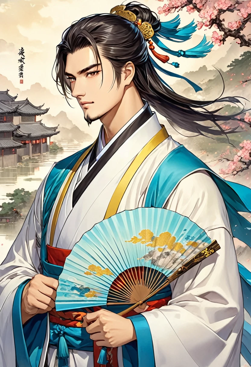 Three Kingdoms Zhuge Liang, young, wind, very smart, no beard, Holding a fan in my hand